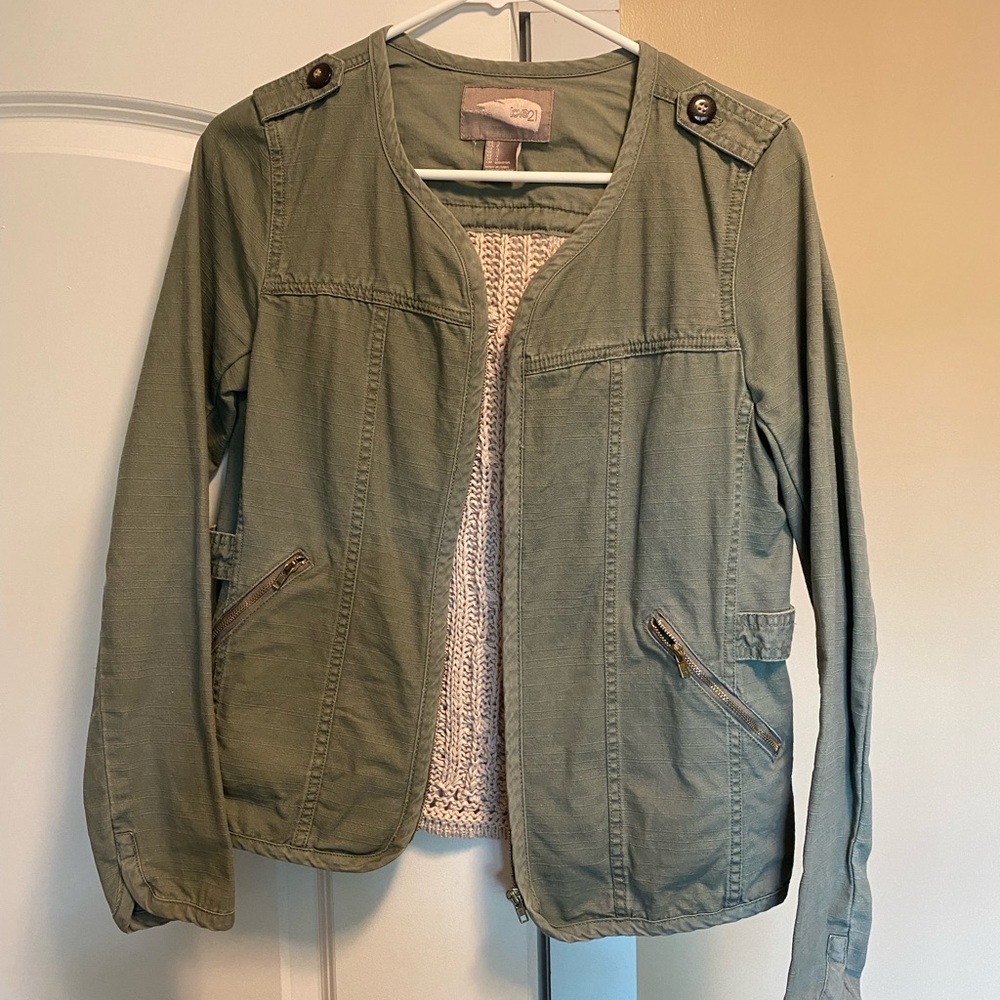 Army green jacket with knit detail